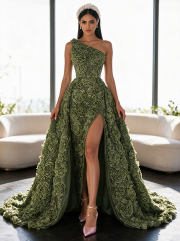 Rose Sequin One Shoulder Olive Green A Line Detachable Train Slit Prom Dress