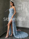 Rose Sequin Strapless Blue Tulle A Line Prom Dress Slit