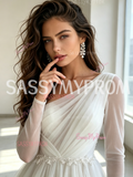 Asymmetrical Long Sleeve Tulle A Line White Wedding Dress With Slit