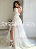 Asymmetrical Long Sleeve Tulle A Line White Wedding Dress With Slit