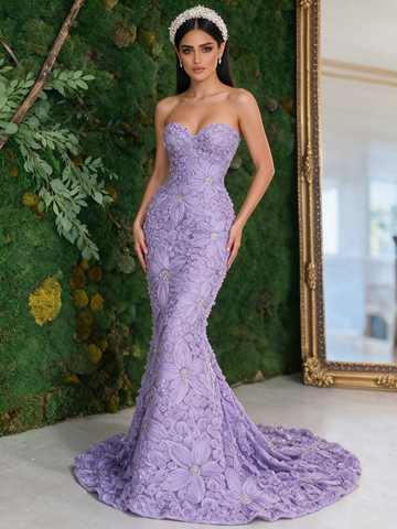 Floral Rose Trumpet Mermaid Lavender Sweetheart Tulle Prom Dress
