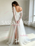 Asymmetrical Long Sleeve Tulle A Line White Wedding Dress With Slit