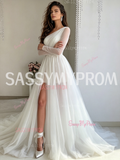 Asymmetrical Long Sleeve Tulle A Line White Wedding Dress With Slit