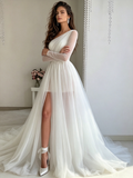 Asymmetrical Long Sleeve Tulle A Line White Wedding Dress With Slit