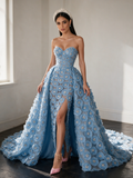 Blue Sweetheart Sheath Column Flower Beading Detachable Train Prom Dress
