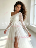Asymmetrical Long Sleeve Tulle A Line White Wedding Dress With Slit
