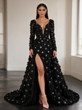 Long Sleeve V Neck Black Beading Flower A Line Prom Dress With Slit