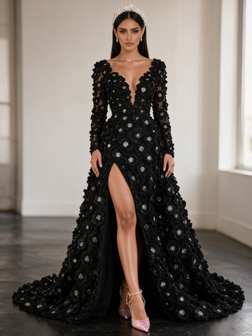 Long Sleeve V Neck Black Beading Flower A Line Prom Dress With Slit