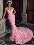 Flower Beaded Pink Spaghetti Strap Trumpet Mermaid Prom Dress