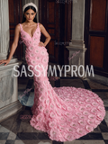Flower Beaded Pink Spaghetti Strap Trumpet Mermaid Prom Dress