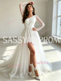 Asymmetrical Long Sleeve Tulle A Line White Wedding Dress With Slit