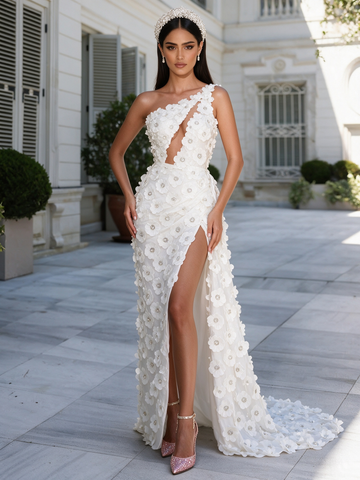 Cut Out Flower Beading White One Shoulder A Line Prom Dress With Slit