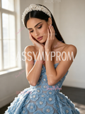 Blue Sweetheart Sheath Column Flower Beading Detachable Train Prom Dress