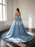 Blue Sweetheart Sheath Column Flower Beading Detachable Train Prom Dress