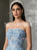 Rose Sequin Strapless Blue Tulle A Line Prom Dress Slit
