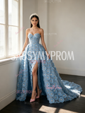 Blue Sweetheart Sheath Column Flower Beading Detachable Train Prom Dress