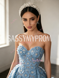 Blue Sweetheart Sheath Column Flower Beading Detachable Train Prom Dress