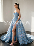 Blue Sweetheart Sheath Column Flower Beading Detachable Train Prom Dress