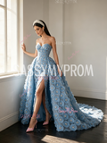 Blue Sweetheart Sheath Column Flower Beading Detachable Train Prom Dress