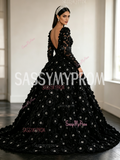 Long Sleeve V Neck Black Beading Flower A Line Prom Dress With Slit