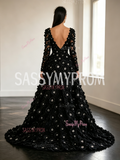 Long Sleeve V Neck Black Beading Flower A Line Prom Dress With Slit