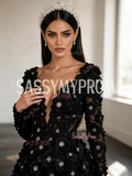 Long Sleeve V Neck Black Beading Flower A Line Prom Dress With Slit