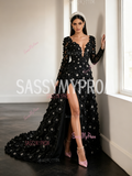Long Sleeve V Neck Black Beading Flower A Line Prom Dress With Slit