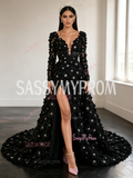 Long Sleeve V Neck Black Beading Flower A Line Prom Dress With Slit