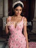 Flower Beaded Pink Spaghetti Strap Trumpet Mermaid Prom Dress