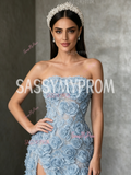 Rose Sequin Strapless Blue Tulle A Line Prom Dress Slit