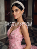 Flower Beaded Pink Spaghetti Strap Trumpet Mermaid Prom Dress