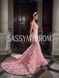 Flower Beaded Pink Spaghetti Strap Trumpet Mermaid Prom Dress