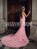 Flower Beaded Pink Spaghetti Strap Trumpet Mermaid Prom Dress