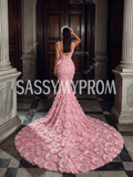 Flower Beaded Pink Spaghetti Strap Trumpet Mermaid Prom Dress