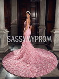 Flower Beaded Pink Spaghetti Strap Trumpet Mermaid Prom Dress