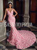 Flower Beaded Pink Spaghetti Strap Trumpet Mermaid Prom Dress