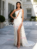 Cut Out Flower Beading White One Shoulder A Line Prom Dress With Slit