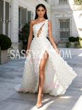 Cut Out Flower Beading White One Shoulder A Line Prom Dress With Slit