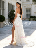 Cut Out Flower Beading White One Shoulder A Line Prom Dress With Slit