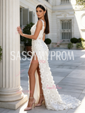 Cut Out Flower Beading White One Shoulder A Line Prom Dress With Slit