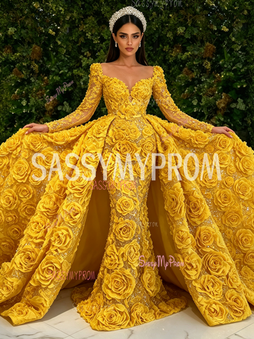 Yellow V Neck Mermaid Trumpet Rose Beaded Detachable Train Prom Dress