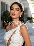 Cut Out Flower Beading White One Shoulder A Line Prom Dress With Slit