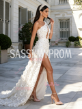 Cut Out Flower Beading White One Shoulder A Line Prom Dress With Slit