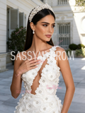 Cut Out Flower Beading White One Shoulder A Line Prom Dress With Slit