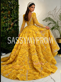 Yellow V Neck Mermaid Trumpet Rose Beaded Detachable Train Prom Dress