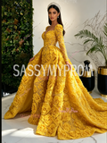 Yellow V Neck Mermaid Trumpet Rose Beaded Detachable Train Prom Dress