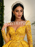 Yellow V Neck Mermaid Trumpet Rose Beaded Detachable Train Prom Dress