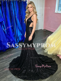 V Neck Sequin Black Cut Out Trumpet Mermaid Prom Dress