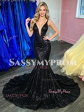 V Neck Sequin Black Cut Out Trumpet Mermaid Prom Dress