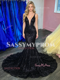 V Neck Sequin Black Cut Out Trumpet Mermaid Prom Dress